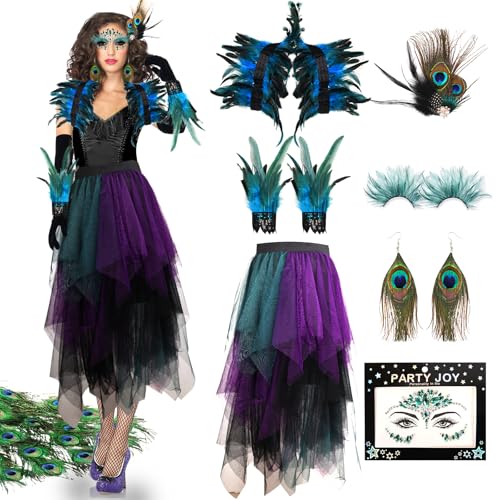 Charfia Pfau Kostüm Damen, 7 Stück Karneval Kostüm Damen Fasching Pfau Kostüm Pfau Damen, Pfau Tüllrock Damen Faschingskostüm Damen Kostüm Accessoires Pfau Kostüm Frauen für Karneval Cosplay (M) von Charfia