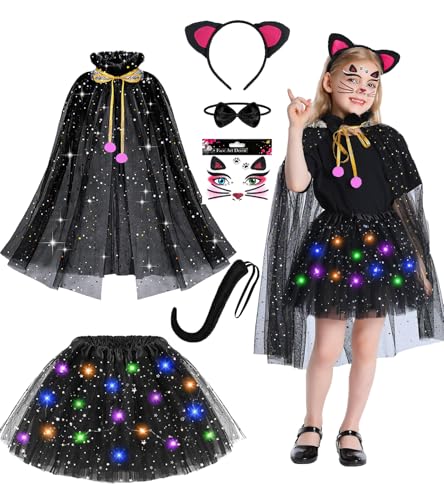 Katzenkostüm Kinder, Karneval Kostüm Kinder, 6 Stück Tierkostüm Set für Kinder,LED Tutu Tüllrock,Prinzessinnenumhang,Fliege Katzenohren und Katzenschwanz, Faschingskostüm Mädchen Halloween Cosplay von Charfia