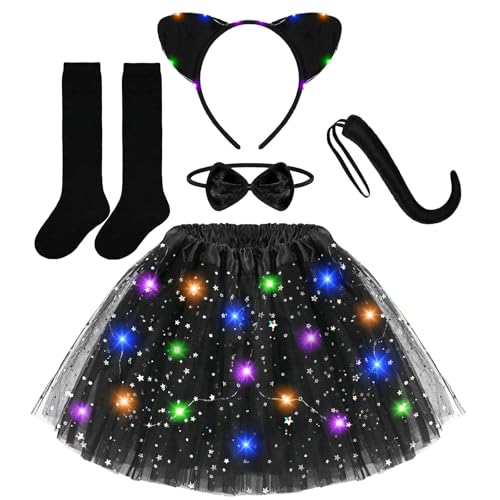 Katzenkostüm Kinder, 5 Stück LED Karneval Kostüm Kinder Kostüm Mädchen Faschingskostüme Kinder Mädchen Katze Katzen Kostüm Kinder Tierkostüm Kinder LED Tüllrock Kinder Mädchen für Halloween Cosplay von Charfia