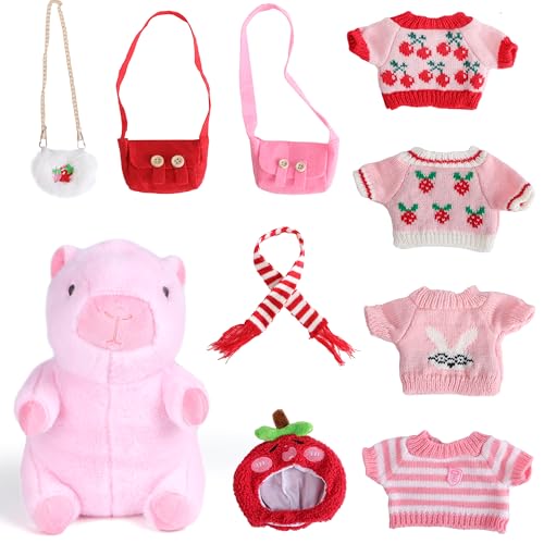 Charmofun Capybara Kuscheltier, Niedliche Capybara Plüschtier 25cm, Capybara Sachen mit Kopfbedeckung, Tasche, Kleidung, Plüsch Anziehspielzeug Geschenke für Kinder Mädchen Jungen (Rosa) von Charmofun