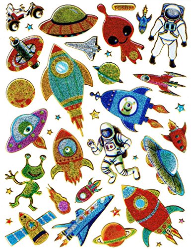 Rakete Mars Alien Saturn Astronaut Ufo bunt Aufkleber 33-teilig 1 Blatt 135 mm x 100 mm Sticker Basteln Kinder Party Metallic-Look von Charo