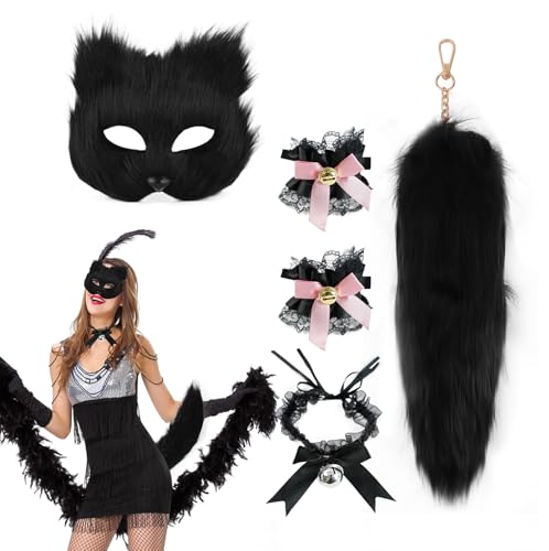 Fuchs Therian Tail Mask Set, Fuchs Kostüm, Fuchs Maske, Furry Mask, Fuchsschwanz mit 35cm/13.8in, Katzenmaske Schwanz für Cosplay Ausgefallene Party Dekoration, Halloween Masken, Katzenohren Haarreif von ChauLanBow