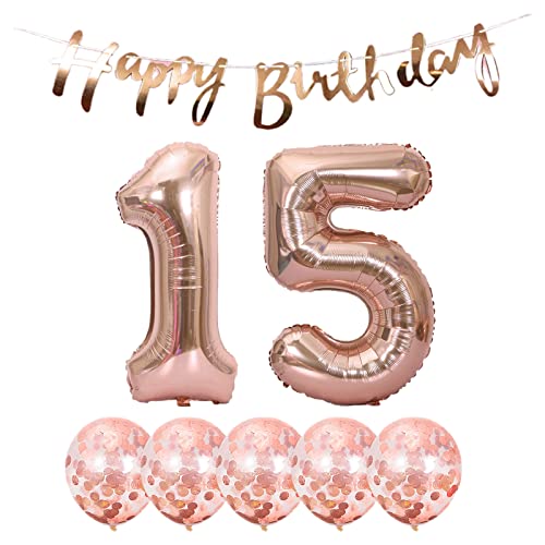 2 Luftballons Zahl 15 Rosegold +5 Konfetti Luftballons+Rosegold banner Folienballon 15.Geburtstags deko Männer frauen 15 Jahr Geburtstags deko Zahlenballon 15 Luftballons 15 Geburtstags Mann frau von Chaungfu