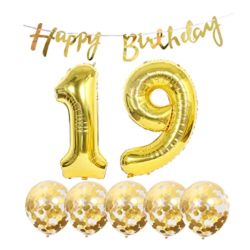 2 Luftballons Zahl 19 Gold+5 Konfetti Luftballons+gold banner Folienballon 19.Geburtstags deko Männer frauen 19 Jahr Geburtstags deko Zahlenballon 19 Luftballons 19 Geburtstags Mann frau von Chaungfu