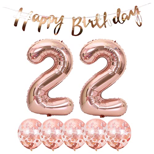 2 Luftballons Zahl 22 Rosegold +5 Konfetti Luftballons+Rosegold banner Folienballon 22.Geburtstags deko Männer frauen 22 Jahr Geburtstags deko Zahlenballon 22 Luftballons 22 Geburtstags Mann frau von Chaungfu