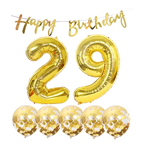 2 Luftballons Zahl 29 Gold+5 Konfetti Luftballons+gold banner Folienballon 29.Geburtstags deko Männer frauen 29 Jahr Geburtstags deko Zahlenballon 29 Luftballons 29 Geburtstags Mann frau von Chaungfu