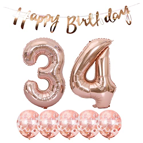 2 Luftballons Zahl 34 Rosegold +5 Konfetti Luftballons+Rosegold banner Folienballon 34.Geburtstags deko Männer frauen 34 Jahr Geburtstags deko Zahlenballon 34 Luftballons 34 Geburtstags Mann frau von Chaungfu