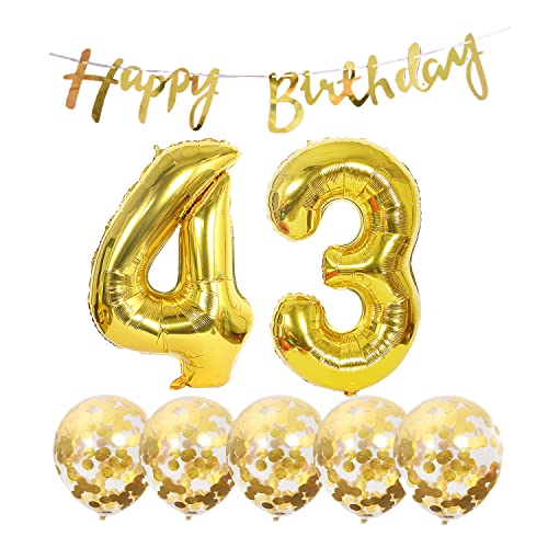 2 Luftballons Zahl 43 Gold+5 Konfetti Luftballons+gold banner Folienballon 43.Geburtstags deko Männer frauen 43 Jahr Geburtstags deko Zahlenballon 43 Luftballons 43 Geburtstags Mann frau von Chaungfu