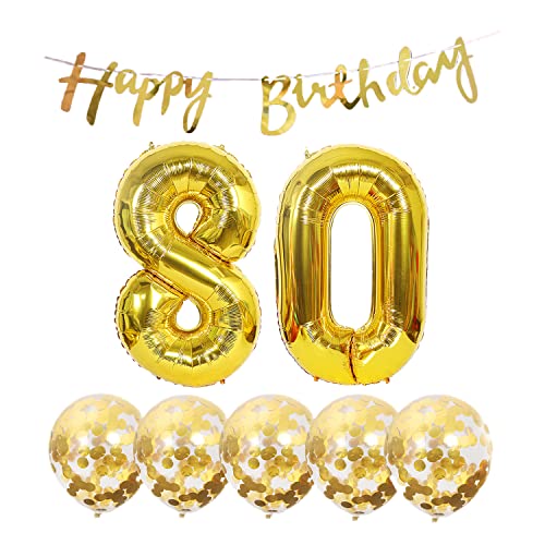 2 Luftballons Zahl 80 Gold+5 Konfetti Luftballons+gold banner Folienballon 80.Geburtstags deko Männer frauen 80 Jahr Geburtstags deko Zahlenballon 80 Luftballons 80 Geburtstags Mann frau von Chaungfu