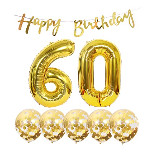 Chaungfu 2 Luftballons Zahl 60 Gold+5 Konfetti Luftballons+gold banner Folienballon 60.Geburtstags deko Männer frauen 60 Jahr Geburtstags deko Zahlenballon 60 Luftballons 60 Geburtstags Mann frau von Chaungfu