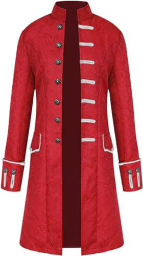 CheJooe Herren Mittelalter Steampunk Frack Kostüm Vintage Gothic Jacke Viktorianische Uniform Lange Smoking Karneval Cosplay Halloween Vampir Party Piraten Mantel, rot, 4X-Large von CheJooe