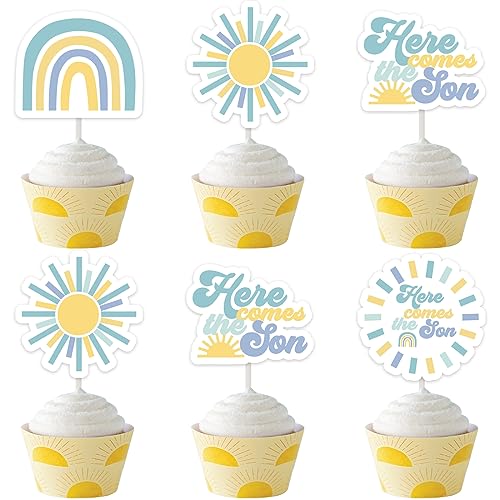 24er Pack Here Comes The Son Cupcake Toppers, Cupcake Picks Baby Shower Dekorationen für Jungen, Ein wenig Sonnenschein ist auf dem Weg Boho Party Zubehör von Cheereveal