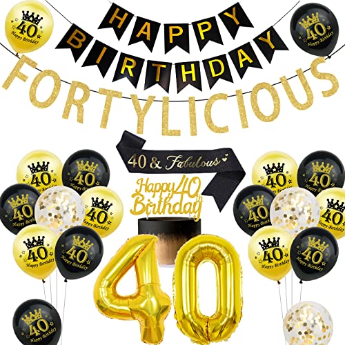 40 Geburtstag Dekoration, Fortylicious Banner, Schwarz Gold Happy Birthday Banner für Männer Frauen, 40 & Fabulous Sash, Nummer 40 Folienballon, Geburtstagstortenaufsatz, Forty Birthday Party Supplies von Cheereveal
