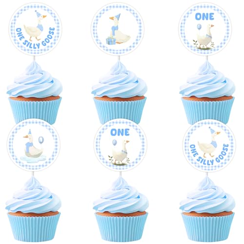 Cheereveal 24Pcs Blau Silly Goose Cupcake Topper, eine Silly Goose Cupcake Picks 1. Geburtstag Party Kuchen Dekorationen, Bauernhof Tier Thema Erste Bday Baby Shower Party Zubehör von Cheereveal