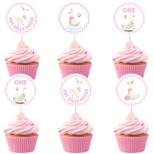 Cheereveal 24Pcs Rosa Silly Goose Cupcake Topper, eine Silly Goose Cupcake Picks 1. Geburtstag Party Kuchen Dekorationen, Bauernhof Tier Thema Erste Bday Baby Shower Party Lieferungen von Cheereveal