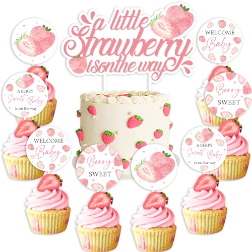 Cheereveal Cupcake-Aufsätze für Babypartys und Cupcakes mit Erdbeermotiv, 25 Stück, Motiv: "A Berry Sweet Baby is on the Way", rosa Beeren, süße Früchte, Party-Dekorationen von Cheereveal