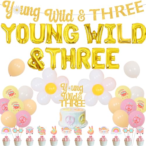 Cheereveal Groovy 3rd Birthday Decorations Young Wild und Three Foil Balloons Banner Retro Boho Balloons Glitter Banner Cupcake Toppers Daisy Flower Three Birthday Party Supplies for Girls von Cheereveal