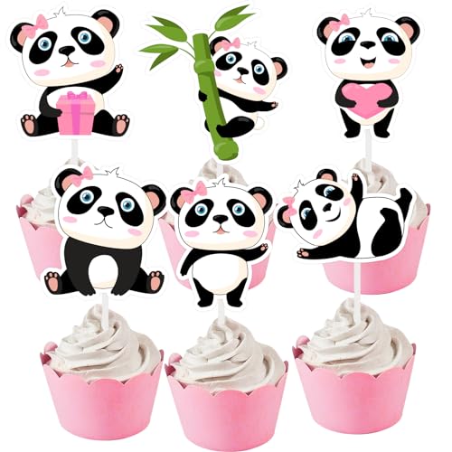 Cheereveal Pink Panda Cupcake Topper für Mädchen - Panda Bambus Thema Kuchen Picks Dekorationen, Dschungel Safari Tier Geburtstag Party Baby Shower Gender Reveal Vorräte von Cheereveal