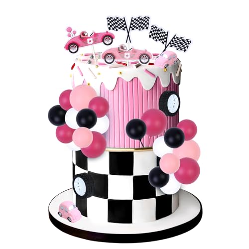 Cheereveal Rennwagen Geburtstag Kuchen Dekorationen für Mädchen - Rosa Auto und Rad Racing Cake Toppers Ball Dessert Picks, Vintage Rennwagen Thema Geburtstag Babyparty Party Supplies von Cheereveal