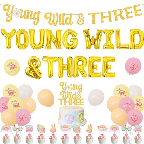 Drei Groovy Birthday Decorations, Young Wild and Three Groovy Party Decorations, Groovy 3rd Birthday Supplies with Young Wild and Three Banner Cake Toppers Foil Balloons for 3rd Girls Birthday von Cheereveal