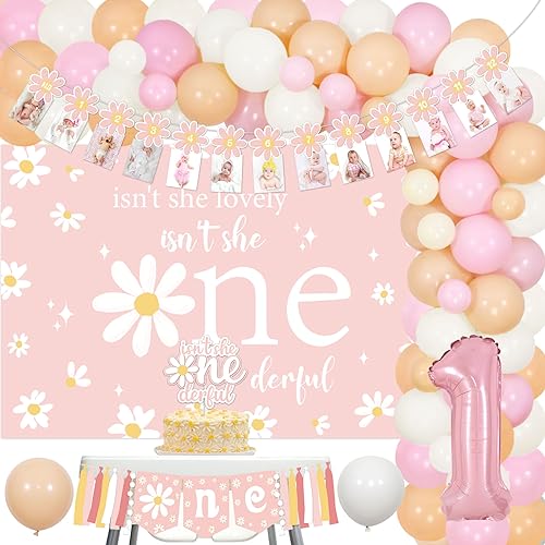 Gänseblümchen 1. Geburtstag Dekorationen Mädchen - Ist sie nicht schön ist sie nicht Onederful Backdrop Kuchen Topper mit Gänseblümchen Ballon Girlande Bogen Kit, Boho Hippie Baby Girl First Bday von Cheereveal