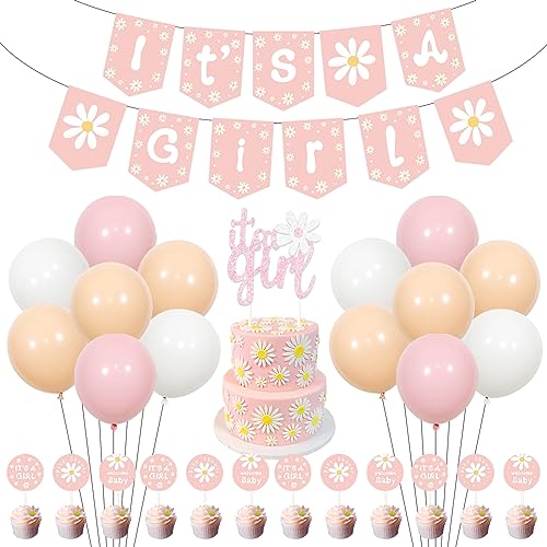 Gänseblümchen-Babyparty-Dekorationen für Mädchen, es ist ein Mädchen rosa Banner mit Tortenaufsatz, Gänseblümchen-Druck-Luftballons Cupcake-Topper, Boho-Hippie-Babyparty-Partyzubehör von Cheereveal