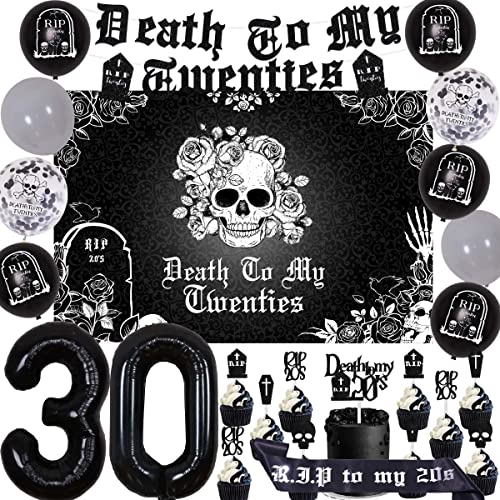 Cheereveal Schwarze Dekorationen zum 30. Geburtstag für Sie und Ihn, Death to My Twenties Dekorationen Banner Kuchen Topper Hintergrund Rip to My 20s Geburtstag Schärpe Zahl 30 Ballon von Cheereveal