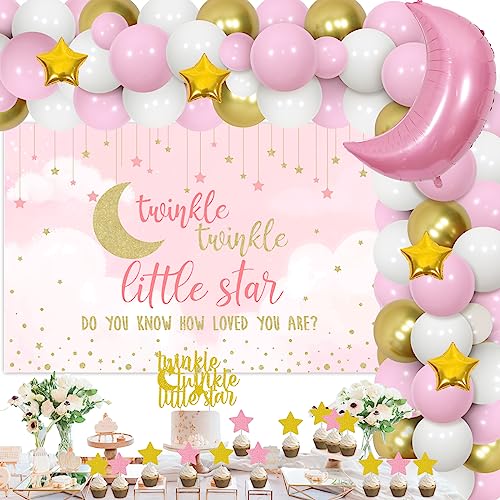 Twinkle Twinkle Little Star Baby Shower Dekorationen Mädchen Rosa Weiß und Gold Ballon Girlande Kit Stern und Mond Folienballons Twinkle Twinkle Little Star Backdrop Tortenaufsätze Zubehör von Cheereveal