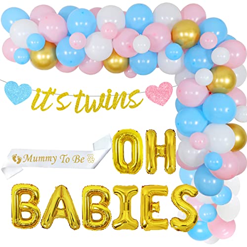 Twins Baby Shower Decorations It's Twins Glitter Paper Banner Pink and Blue Balloon Garland Kit Oh Babies Folienballon Mummy To Be Schärpe für Twin Gender Reveal Party Supplies von Cheereveal