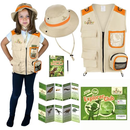 Cheerful Children Toys Kinder Explorer Kostüm Kit Safari Weste und Hut plus Dinosaurier und Käfer Lernhandbücher Dress up Halloween Outdoor Abenteuer Rollenspiel 3-7 Jahre Orange von Cheerful Children Toys