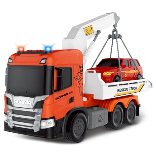 Cheerful Toys Abschleppwagen Spielzeug Kinder - Scania 25cm Transporter LKW Lastwagen mit Rennwagen Sound und Licht, abschleppauto für Jungen 3 4 5 6 Jahre von Cheerful Toys