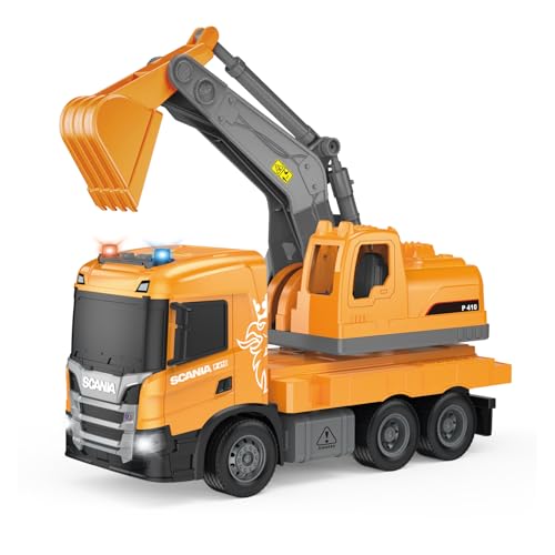 Cheerful Toys Bagger Spielzeug Kinder - Scania 30,5cm Baustellenfahrzeuge Sandkasten mit Licht und Sound, LKW Bagger kinderspielzeug für Jungen 3 4 5 6 Jahre von Cheerful Toys