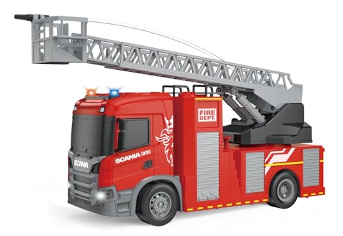 Cheerful Toys Feuerwehrauto Spielzeug - Scania 1:64 Feuerwehr Auto Spielzeug mit Drehleiter, Wasserpumpe, Licht und Sound, 30,8cm Rettungswagen Löschfahrzeug für Jungen 3 4 5 6 Jahre von Cheerful Toys