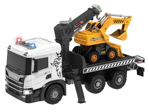 Cheerful Toys Großes Abschleppwagen Spielzeug Kinder - Scania 1:50 Transporter LKW Lastwagen mit Bagger, Sound und Licht, 48,5cm abschleppauto für Jungen 3 4 5 6 Jahre von Cheerful Toys