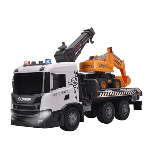 Cheerful Toys Großes Abschleppwagen Spielzeug Kinder - Scania 1:50 Transporter LKW Lastwagen mit Bagger, Sound und Licht, 48,5cm abschleppauto für Jungen 3 4 5 6 Jahre von Cheerful Toys