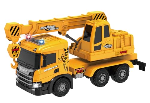 Cheerful Toys Großes Kranwagen Spielzeug Scania Kran-LWK Baustellen-Auto mit ausfahrbarem, 53cm Kran Licht & Sound für Kinder ab 3 4 5 6 7 8 Jahre, Gelb von Cheerful Toys