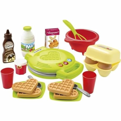 Ecoiffier 7600002631 Waffeleisen 22-teiliges Backset mit Spiellebensmitteln, ideales Zubehör für Spielküchen, Spielwaffeleisen, für Kinder ab 18 Monaten, Grünen von Ecoiffier