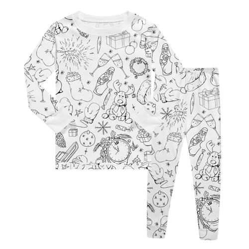 Chejarity DIY Mal-Pyjama für Kinder – Handbemalte Schlafanzüge zum Ausmalen, Cartoon-Druck, Freizeitanzug mit Langarm und Hose, Weißes Homewear-Set von Chejarity