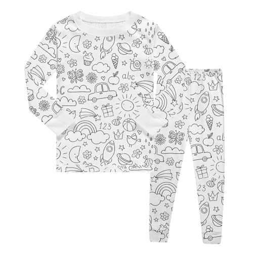 Chejarity DIY Mal-Pyjama für Kinder – Handbemalte Schlafanzüge zum Ausmalen, Cartoon-Druck, Freizeitanzug mit Langarm und Hose, Weißes Homewear-Set von Chejarity