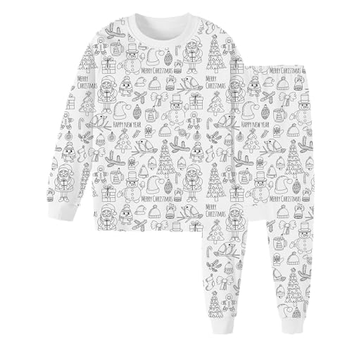 Chejarity Pyjama für Kinder zum Ausmalen – DIY Handbemaltes Homewear-Set, Cartoon-Druck, Langarm-Schlafanzug mit Hose, Weißes Freizeit-Pyjama-Set von Chejarity