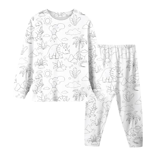 Chejarity Pyjama für Kinder zum Ausmalen – DIY Handbemaltes Homewear-Set, Cartoon-Druck, Langarm-Schlafanzug mit Hose, Weißes Freizeit-Pyjama-Set von Chejarity