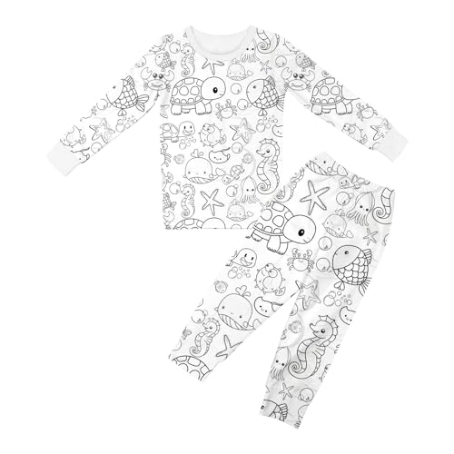 Chejarity Pyjama für Kinder zum Ausmalen – DIY Handbemaltes Homewear-Set, Cartoon-Druck, Langarm-Schlafanzug mit Hose, Weißes Freizeit-Pyjama-Set von Chejarity