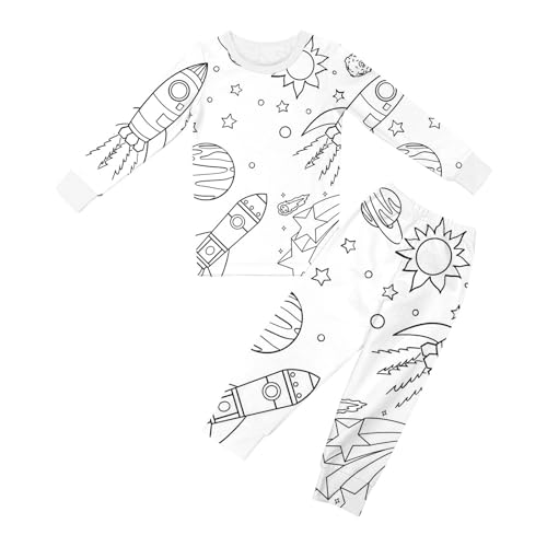 Chejarity Pyjama für Kinder zum Ausmalen – DIY Handbemaltes Homewear-Set, Cartoon-Druck, Langarm-Schlafanzug mit Hose, Weißes Freizeit-Pyjama-Set von Chejarity