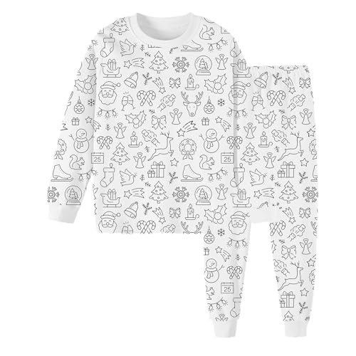 Chejarity Pyjama für Kinder zum Ausmalen – DIY Handbemaltes Homewear-Set, Cartoon-Druck, Langarm-Schlafanzug mit Hose, Weißes Freizeit-Pyjama-Set von Chejarity