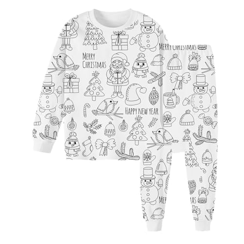 Chejarity Pyjama für Kinder zum Ausmalen – DIY Handbemaltes Homewear-Set, Cartoon-Druck, Langarm-Schlafanzug mit Hose, Weißes Freizeit-Pyjama-Set von Chejarity