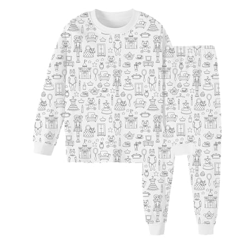 Chejarity Pyjama für Kinder zum Ausmalen – DIY Handbemaltes Homewear-Set, Cartoon-Druck, Langarm-Schlafanzug mit Hose, Weißes Freizeit-Pyjama-Set von Chejarity