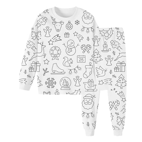 Chejarity Pyjama für Kinder zum Ausmalen – DIY Handbemaltes Homewear-Set, Cartoon-Druck, Langarm-Schlafanzug mit Hose, Weißes Freizeit-Pyjama-Set von Chejarity