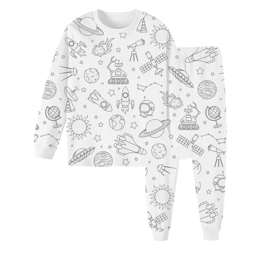 Chejarity Pyjama für Kinder zum Ausmalen – DIY Handbemaltes Homewear-Set, Cartoon-Druck, Langarm-Schlafanzug mit Hose, Weißes Freizeit-Pyjama-Set von Chejarity