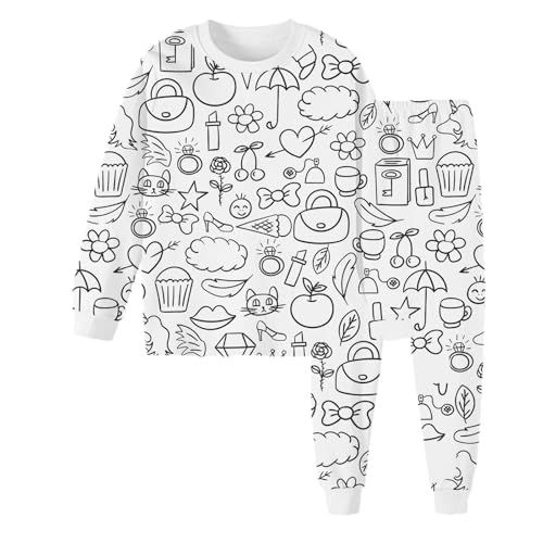 Chejarity Pyjama für Kinder zum Ausmalen – DIY Handbemaltes Homewear-Set, Cartoon-Druck, Langarm-Schlafanzug mit Hose, Weißes Freizeit-Pyjama-Set von Chejarity