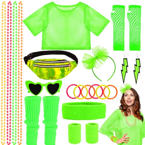 80er 90er Jahre Outfit Damen 80er Jahre Accessoires T-Shirt Gürteltasche Ohrring Halskette Zhandschuhe Brille Haarreif Stirnband Set Beinstulpen Armband Für Karneval Cosplay Party 80er Kleidung Damen von Cheloveer